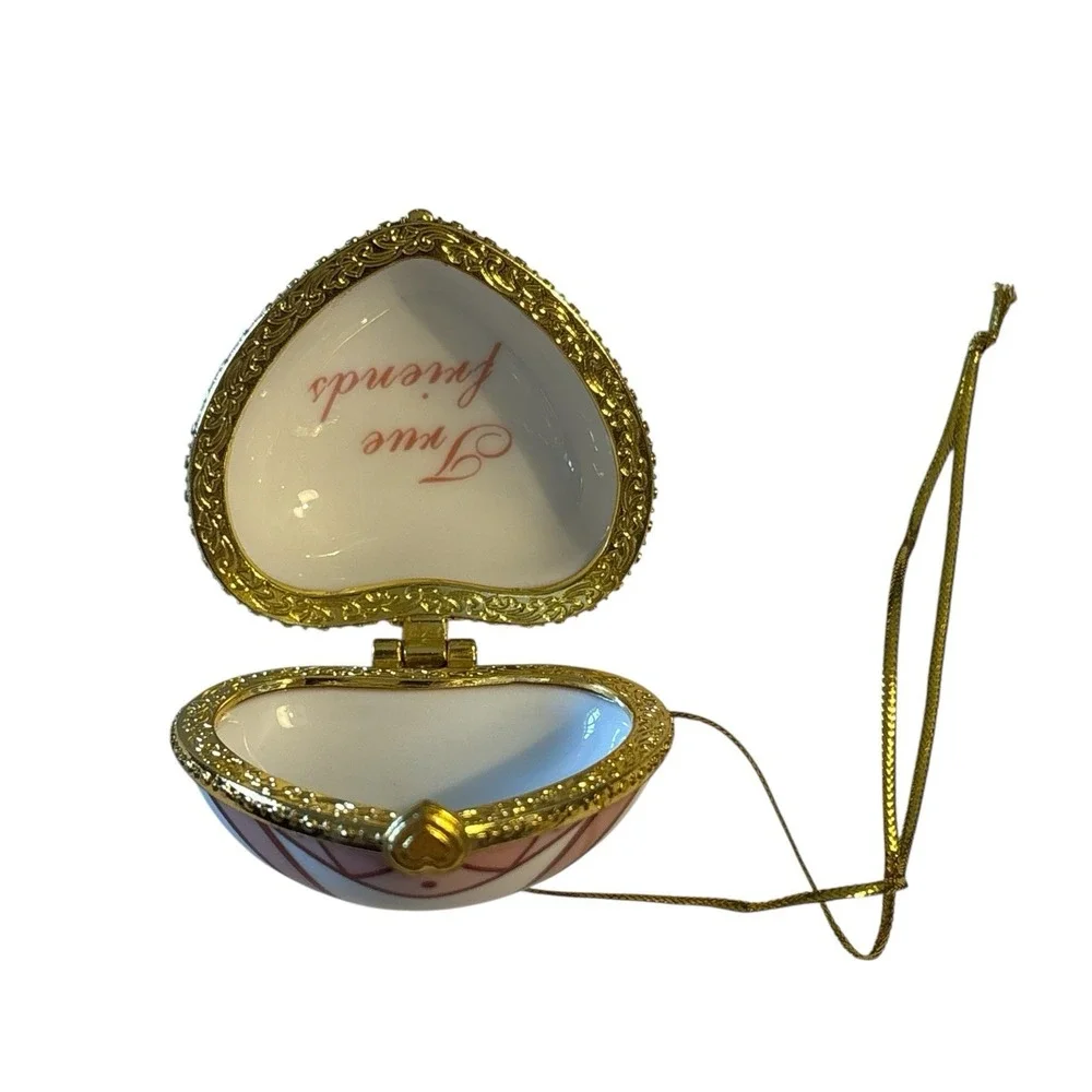 Bow Heart Ornament Pink White‎ Enamel 
